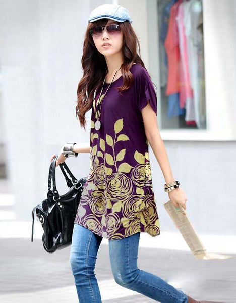 New Fashion Girl Short Sleeve Round Collar Loose Long T-shirt 4 Colors