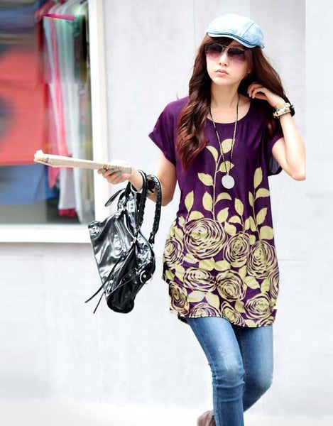 New Fashion Girl Short Sleeve Round Collar Loose Long T-shirt 4 Colors