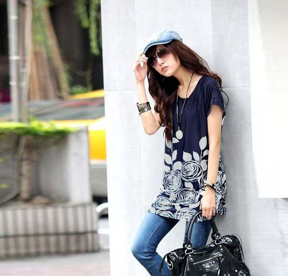 New Fashion Girl Short Sleeve Round Collar Loose Long T-shirt 4 Colors