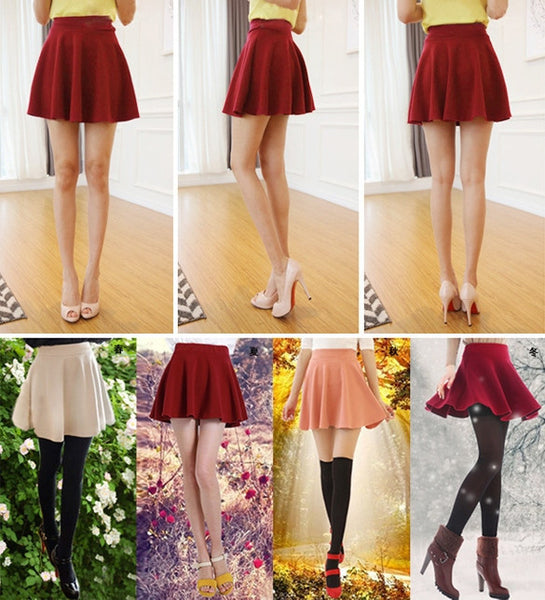 Girls Candy Color Stretch Waist Plain Skater Flared Pleated Mini Skirt