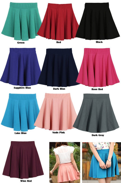 Girls Candy Color Stretch Waist Plain Skater Flared Pleated Mini Skirt