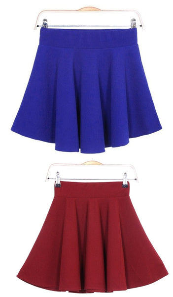 Girls Candy Color Stretch Waist Plain Skater Flared Pleated Mini Skirt