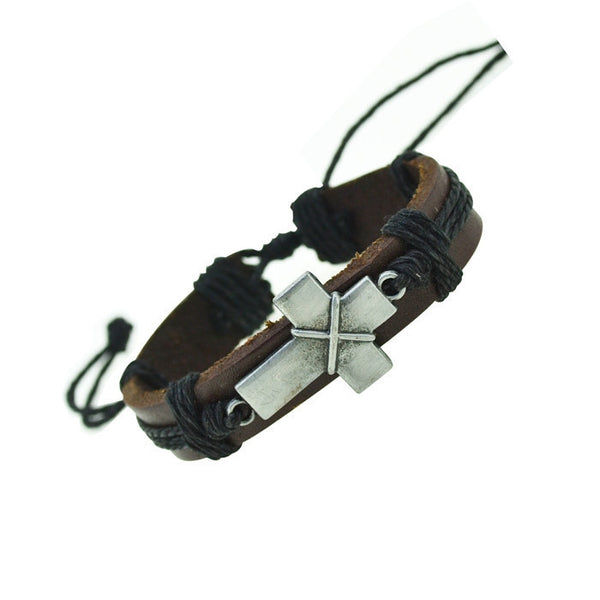 Cross Charm Leather Bracelet (Brown)
