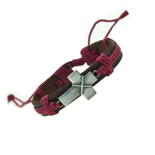 Cross Charm Leather Bracelet (Maroon)