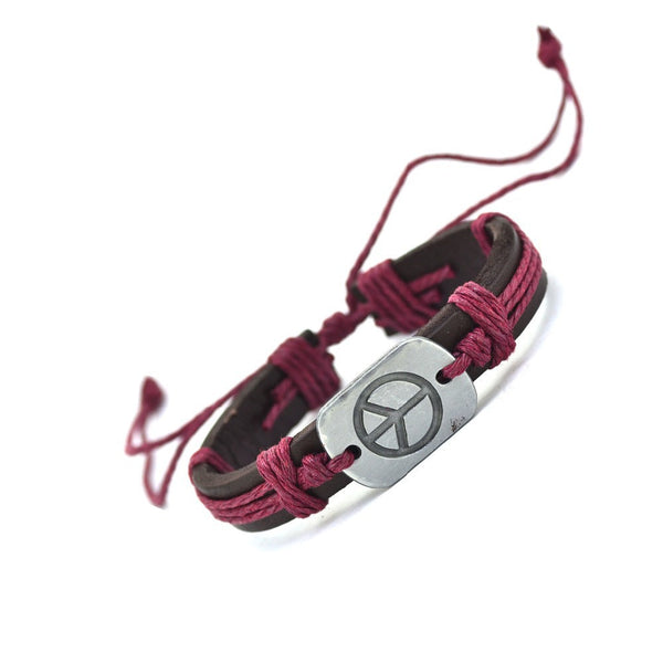 2016 New Arrival Genuine Leather "Peace" Bracelet (Maroon) On Sale