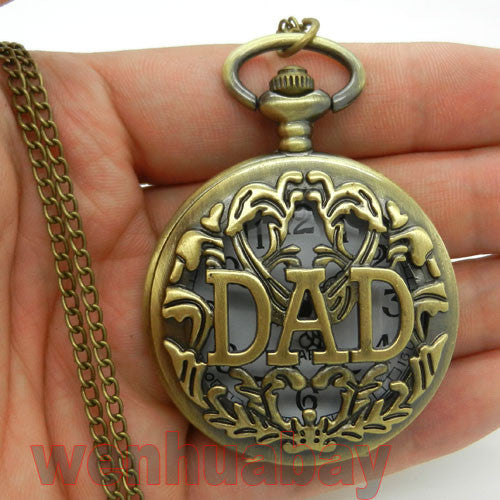 [Happy Father's Day] Antique DAD Pocket Watch Hollow Design Pendant Bronze necklace Mens Happy Father's Day Gift