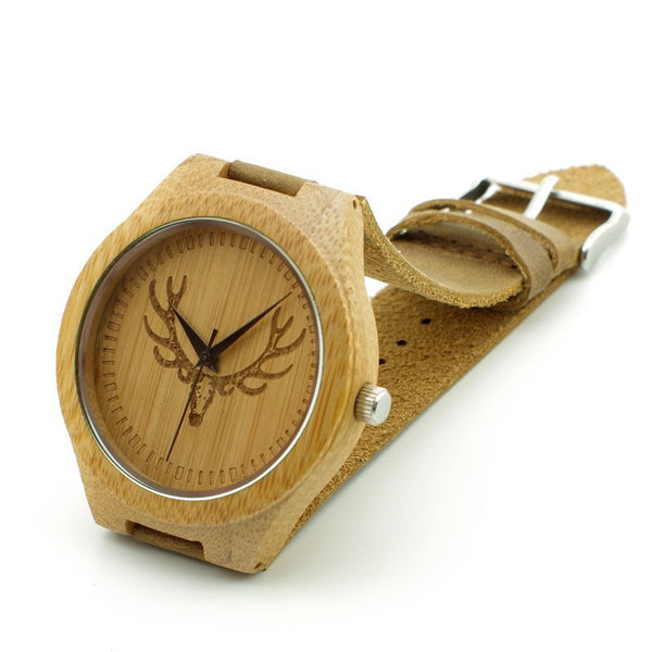 Engraved Buck Head Natural Wood Watch best for gift