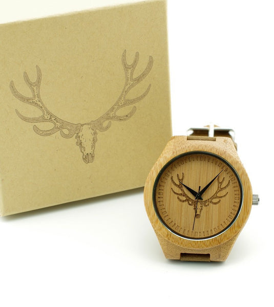 Engraved Buck Head Natural Wood Watch best for gift