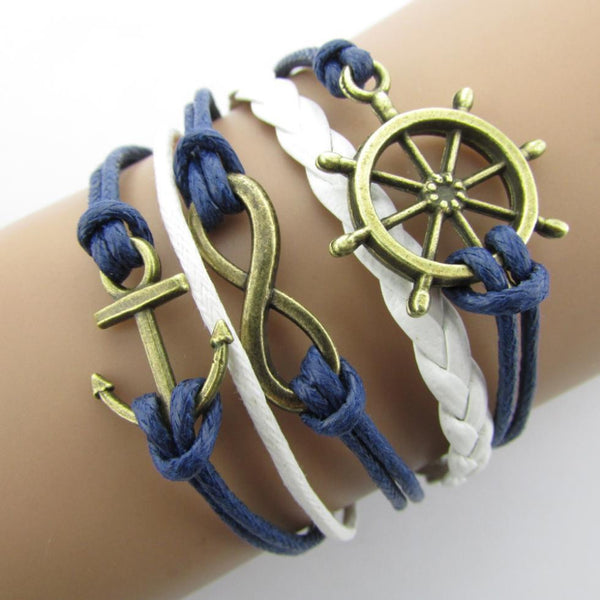 B103 fashion Anchor Rudder 8 in Bronze  Wax Cords Imitation Leather Bracelet B5