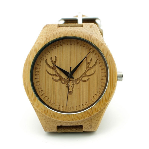 Engraved Buck Head Natural Wood Watch best for gift