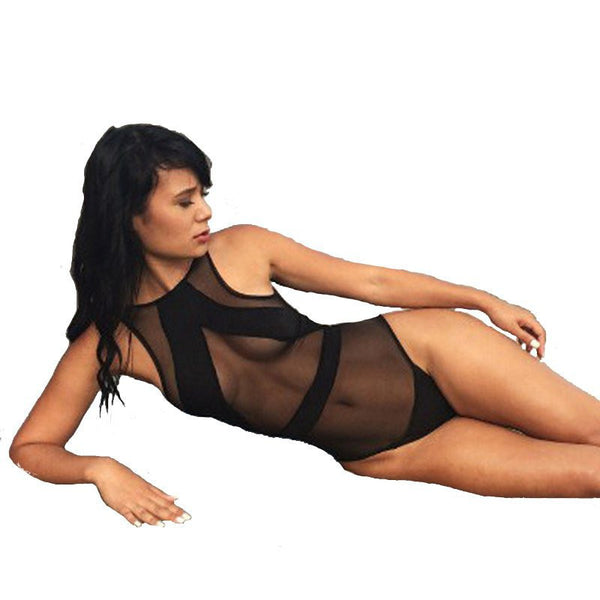 Women Black Mesh Sheer Monokini Transparent Bikini